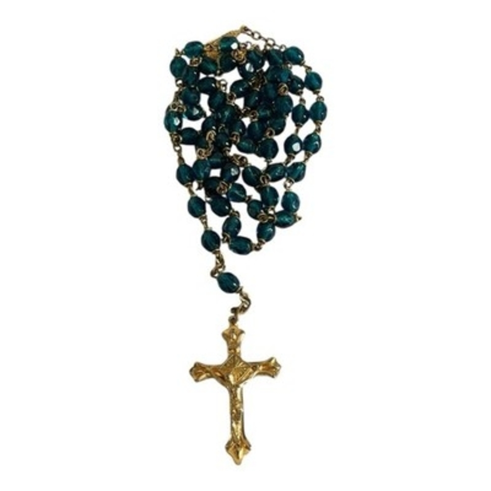 Vintage Medugorje Turquoise Glass Bead Rosary Necklace Gold Tone Crucifix NIB - Picture 3 of 4